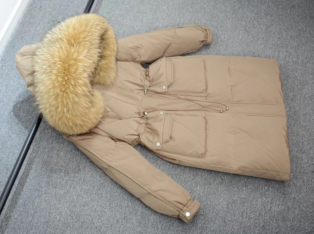 Dina long down coat- beige/brown