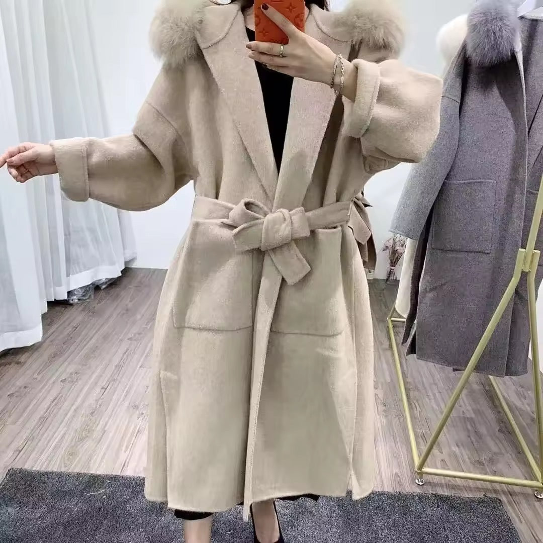 Noelia fur coat long- dark beige