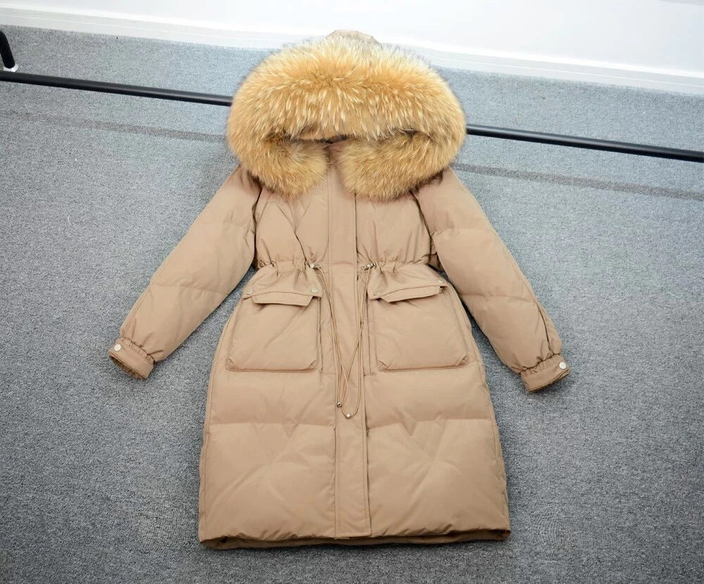 Dina long down coat- beige/brown