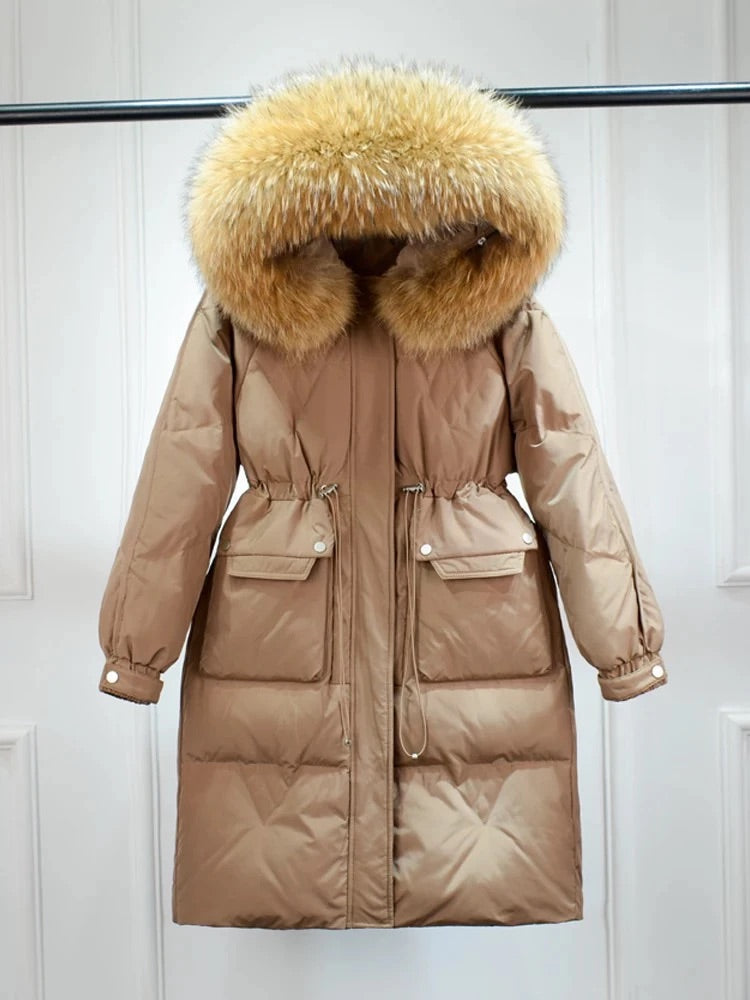 Dina long down coat- beige/brown