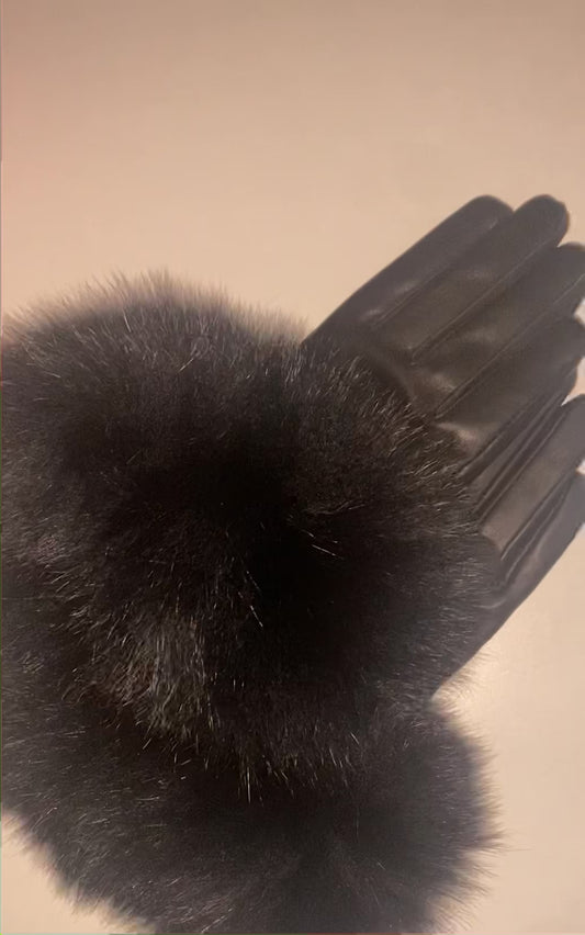 Linda leather fur gloves- black